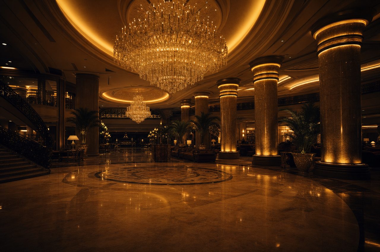 Grand entrance lobby of a large American resort casino with chandeliers and marble floors