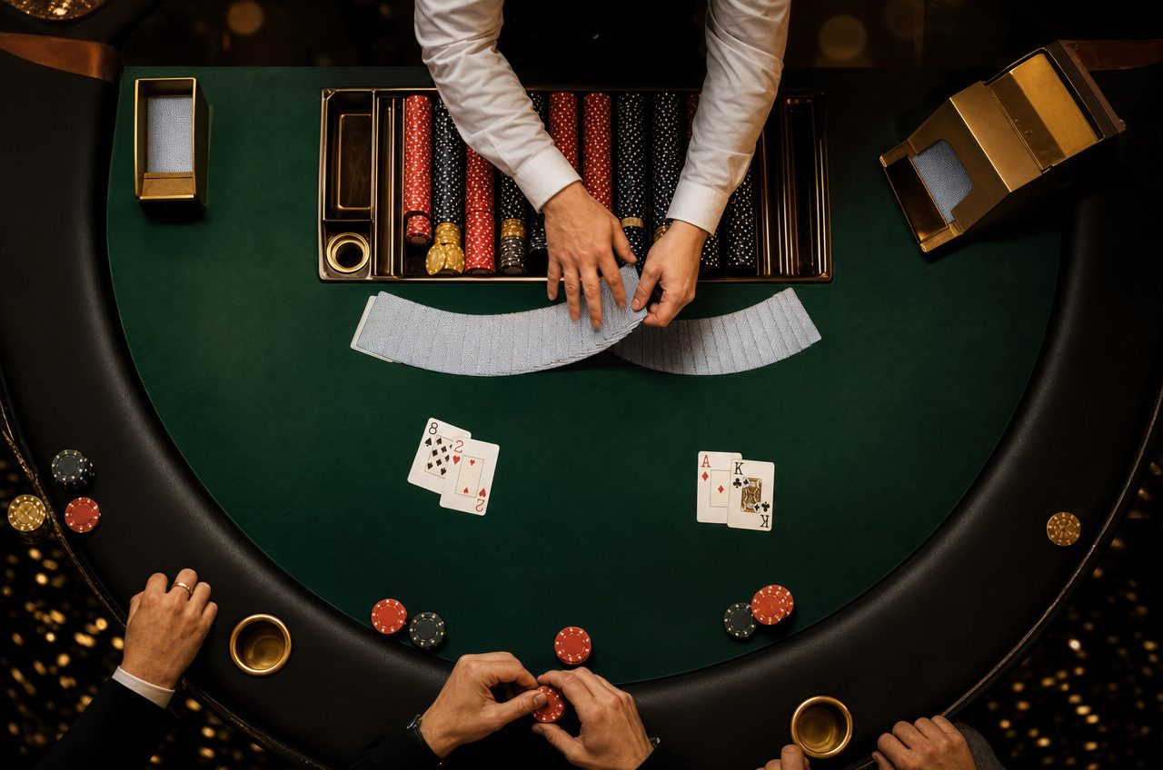 Overhead view of a casino blackjack table with cards and chips on green felt