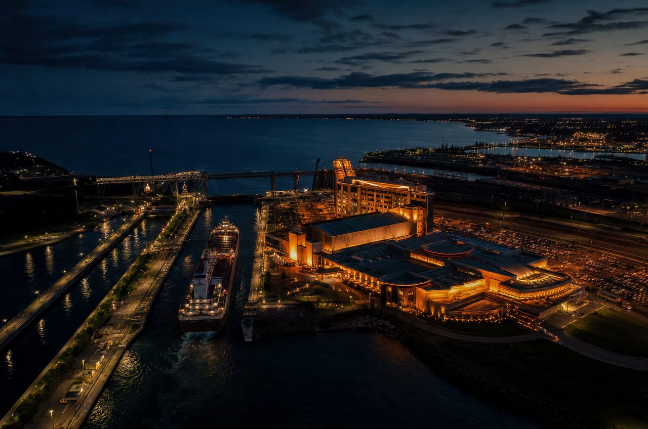 Casinos near Sault Ste. Marie, Michigan — aerial cityscape