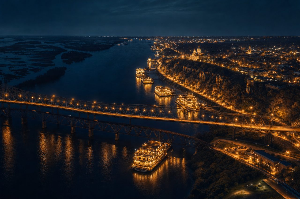 Casinos near Vicksburg, Mississippi — aerial cityscape