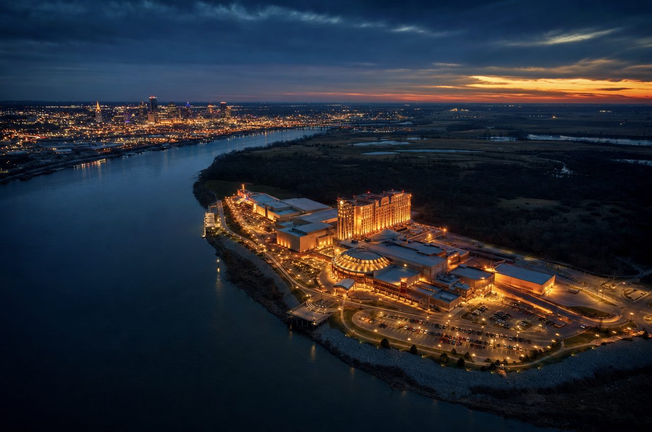 Casinos near Riverside, Missouri — aerial cityscape