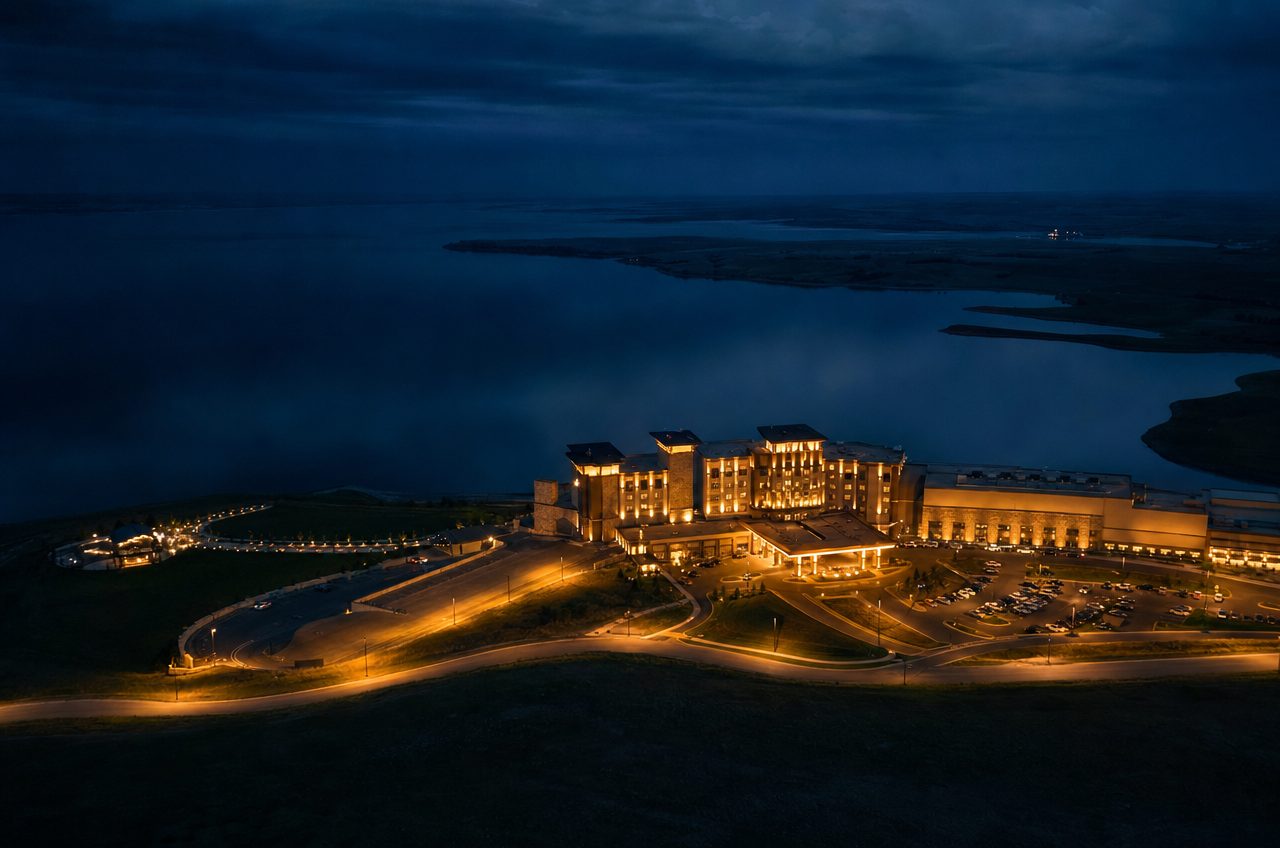 Casinos near New Town, North Dakota — aerial cityscape