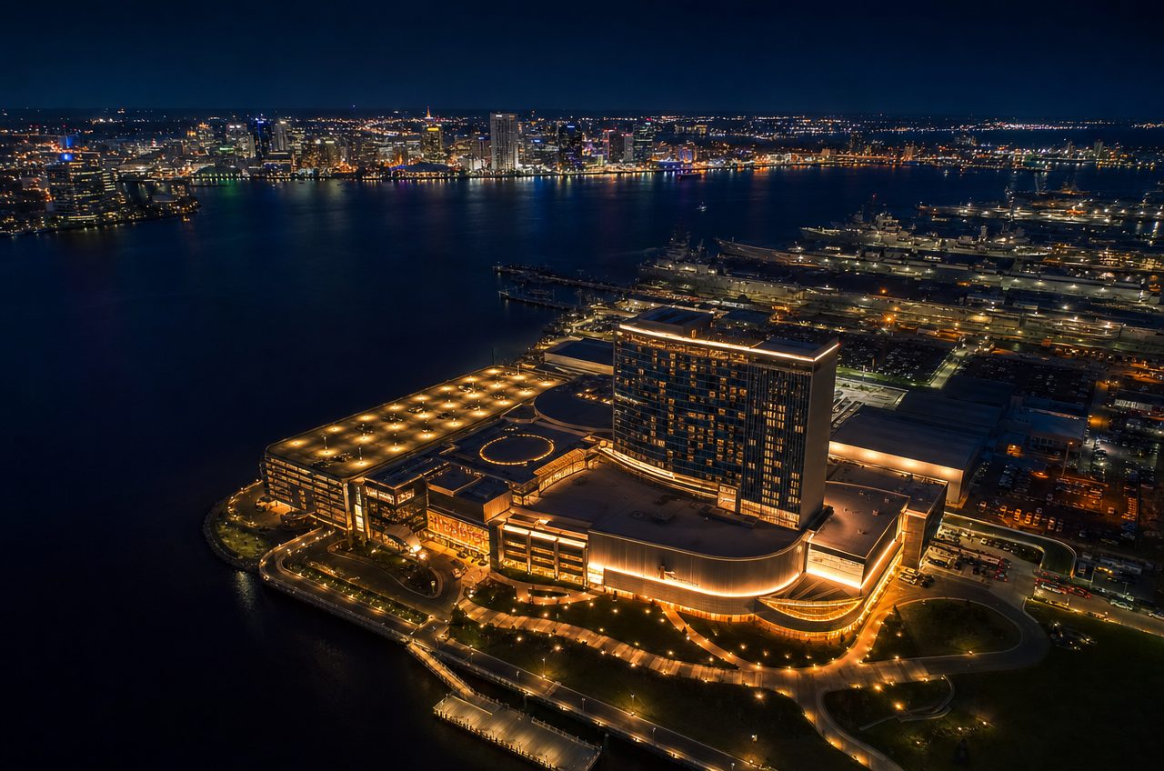 Casinos near Portsmouth, Virginia — aerial cityscape